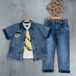 BOYS' SUIT WHOLESALE READY TOWEAR TRIPLE SUIT Jeans pants with a white sweater with a black and yellow print and a denim jacket with side pockets 035